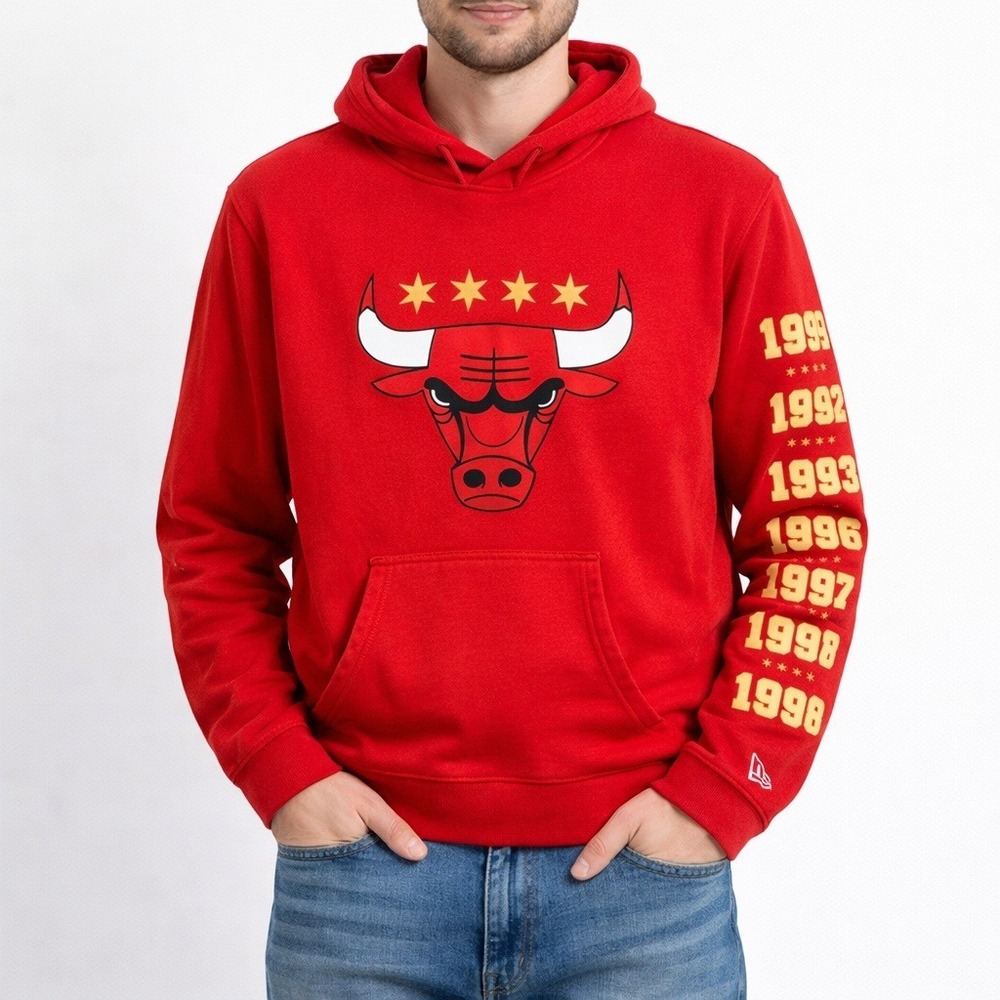 Chicago Bulls Hoodie New Era Red Championship Sleeve Graphic Pullover Size L‎